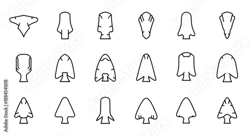 A collection of various arrowhead shapes and designs, depicted as simple black outline icons on a white background, showcasing different historical styles.