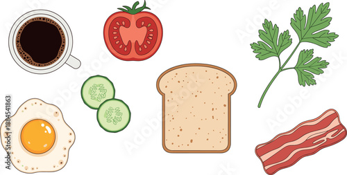 Vector illustration set featuring isolated breakfast ingredients with coffee egg bacon and fresh vegetables for custom cafe menus