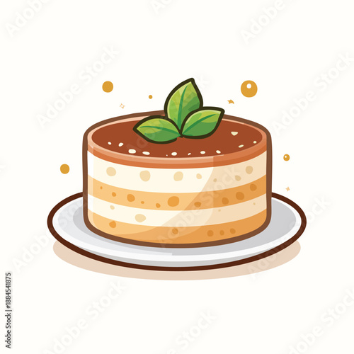 A layered cake with cream and chocolate topping, decorated with leaves, on a white plate