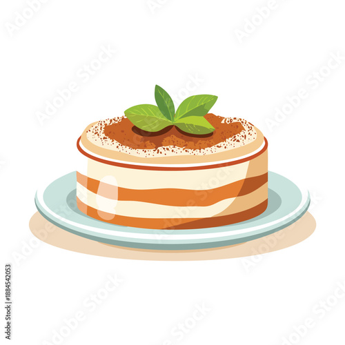 A layered cake with cream and mint on a plate viewed from the side with a clean white background