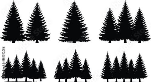 pine, tree, forest, silhouette, nature, outdoor, evergreen, landscape, group, icon, vector, design, minimal, black, white, illustration, shape, graphic, scenery, environment