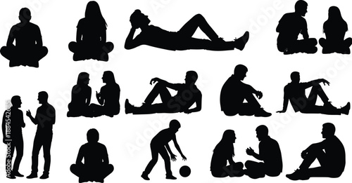 Black people silhouette vector set, group of men and women sitting and talking, social lifestyle communication icons isolated on a white background