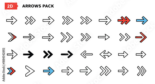 A comprehensive pack of 2D arrow icons in various styles, colors, and directions for user interface design and graphic resources.