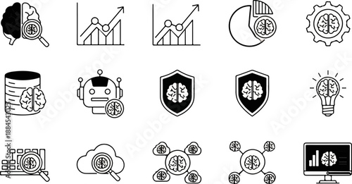 A grid of 15 black and white icons representing artificial intelligence, data, and technology concepts