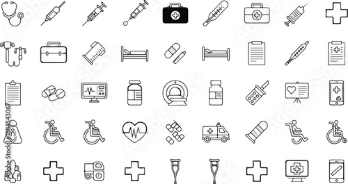 A grid of diverse black and white line-art icons representing medical equipment, healthcare, and hospital concepts