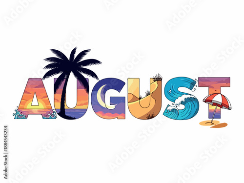 August A Colorful Summer Month Celebration with Beach and Palm Tree Elements