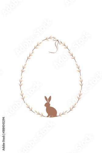 Minimal vertical vector Easter poster with pussy willow egg wreath, bow and bunny silhouette on clean white background—ideal for invitations, greeting cards, spring branding, packaging, church events.