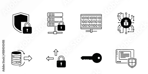 A collection of black and white icons representing digital security, data protection, and technological concepts