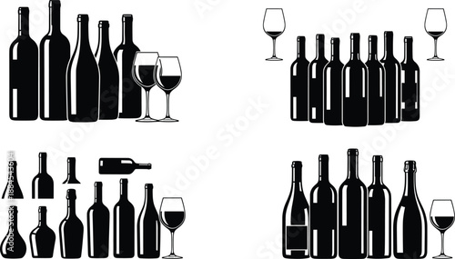 Wine Bottle Bottles Glass Glasses Drink Beverage Alcohol Winery Bar Restaurant Celebration Party Silhouette Black Vector Illustration Collection Design Elegant