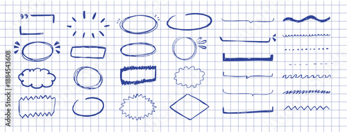 Highlight crayon scribble blue underline chalk or crayon hand drawn border, frame set. Freehand ovals, circles, lines doodle. Chalk pencil ellipse frames, 