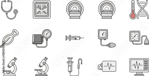 A collection of various medical and scientific instrument icons for health, research, and diagnosis