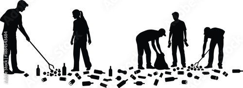 Volunteers Cleanup Recycling Community People Trash Litter Pollution Environment Ecology Service Teamwork Outdoor Silhouette Black Vector Illustration Collection