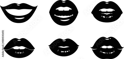 Diverse Black Silhouettes of Lips and Mouths Expressing Emotions and Actions