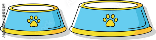 Vector illustration set featuring light blue pet food and water bowls with yellow paw print icons for domestic animals