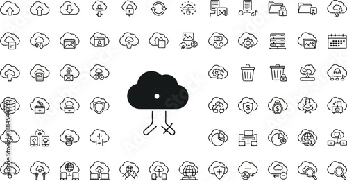 A grid of hand-drawn style black-and-white icons related to cloud computing and data management
