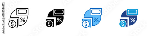 Budgeting Multiple Style Icon Design Vector - Pie chart with currency and percentage symbols, representing budgeting, financial planning, and cost control