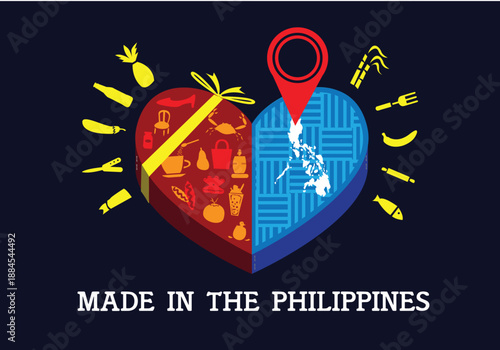 Made in the Philippines Heart Box with products, map and location icon. Editable Clip Art.