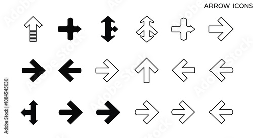 A collection of diverse arrow icons in black and white, featuring various directions and styles including filled, outlined, double-headed, and directional pointers.