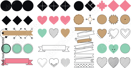 Decorative shapes and labels illustration set with hearts, ribbons, badges, geometric elements, hand drawn frames, and scrapbook design flat vector collection