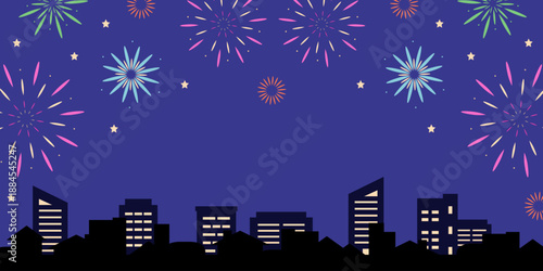 Fireworks background against a night sky and city. Vector hand drawn illustration for your projects.