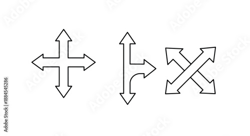 Three distinct outline arrow symbols representing various directions of movement, resizing, and path choices, isolated on a white background.