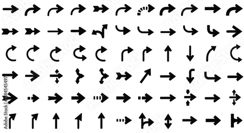 A comprehensive collection of black arrow icons and symbols in diverse styles and directions, suitable for user interfaces and graphic design projects.