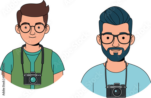 Vector illustration set featuring male photographer avatars with glasses and DSLR cameras for professional profile icons and media
