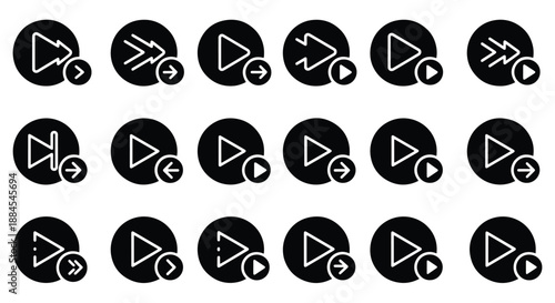 Set of black and white play, fast forward, rewind, and skip media control icons in circular frames, representing various playback functions.