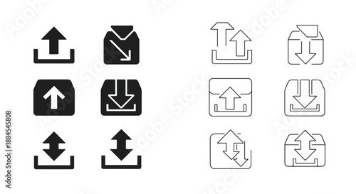 Collection of upload, download, and data transfer icons in solid and outline styles, suitable for web and app interfaces.