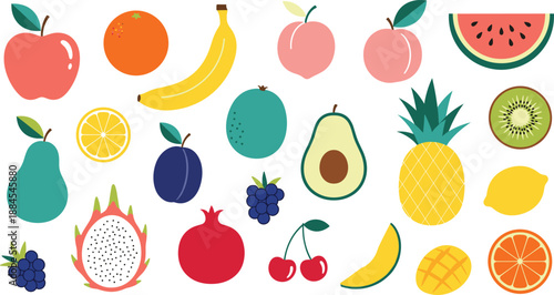 Colorful assorted fruits vector set with fresh tropical and seasonal fruit illustrations isolated on white background for healthy food design