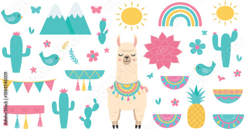 Cute llama and cactus illustration set with rainbow, sun, mountains, tropical elements, and playful boho nursery symbols in colorful flat vector style