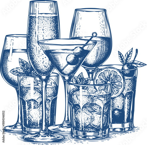 Variety of hand drawn alcoholic cocktails in different glasses vector illustration