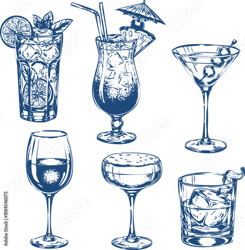 Assortment of various alcoholic cocktails and drinks vector hand drawn illustration