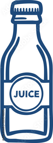 Blue outline illustration of juice bottle with label on transparent background