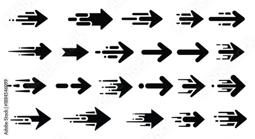 Collection of black speed arrows with motion blur effect, indicating fast movement and direction, isolated on a white background.