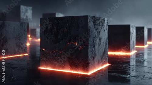 Modern geometric shapes with glowing edges on a dark surface in a futuristic setting at night