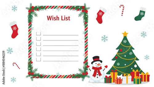 Festive Christmas wish list template featuring a decorated evergreen tree a friendly snowman colorful gift boxes and winter socks.