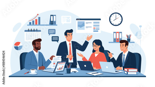 Diverse team of professional business people having a productive meeting in a modern office with charts graphs and digital devices.