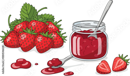 Fresh Strawberry Jam Jar and Berries Illustration with Spoonful of Jam