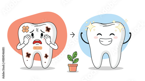 Illustration comparing a sad decayed tooth with bandages to a happy healthy white tooth showing the importance of dental hygiene.