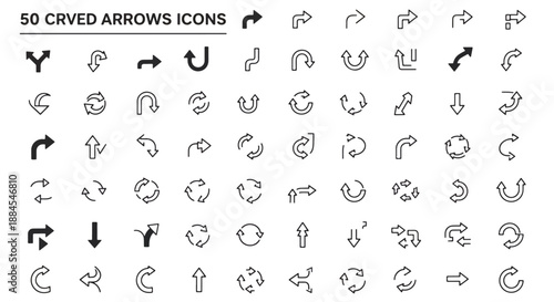 A comprehensive collection of 50 black and white line art curved arrow icons for various directional and rotational indications and user interface designs.
