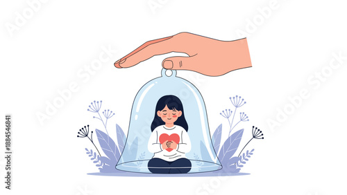 Young girl sitting in meditation under a protective glass dome held by a large hand symbolizing emotional safety and mental health.