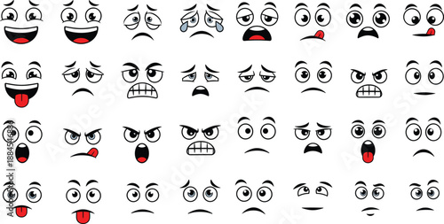 Cartoon facial expressions vector set with different emotions faces and reactions isolated on white background for emoji and character design