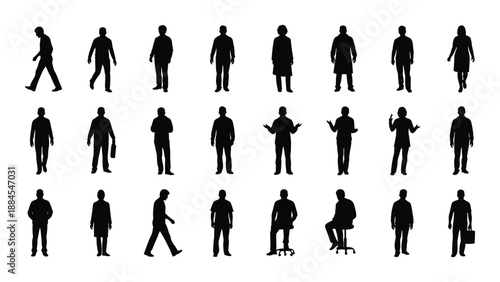 Silhouettes of people in various poses isolated on white background, Vector