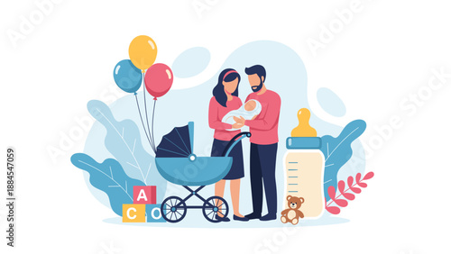 Proud parents standing with their newborn baby next to a blue stroller a large milk bottle and toys for early childhood development.