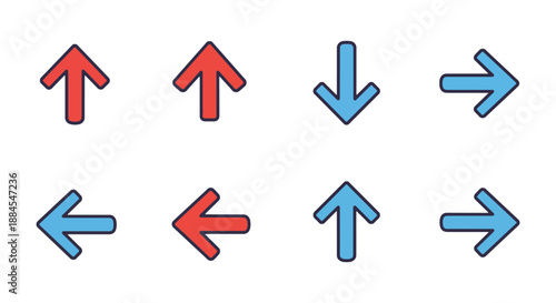 Collection of outlined arrows pointing up, down, left, and right, featuring both red and blue colors on a white background.