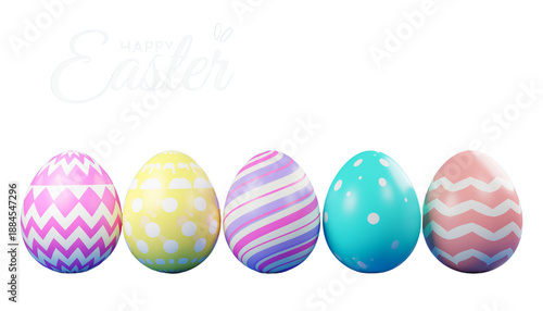Five easter eggs with various pastel colors and patterns are arranged in a row in a close up shot solid white background and no background