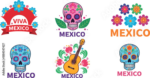 Mexico Day of the Dead illustration set with colorful sugar skulls, flowers, guitar, and Viva Mexico typography in festive folk art flat vector style