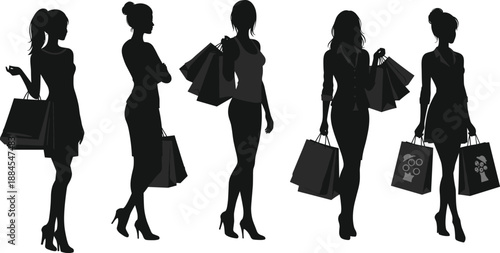 Women shopping silhouettes, fashion bags, retail gesture, stylish posture, consumer behavior, high heels, purchase moment, lifestyle elegance, urban activity, silhouette art