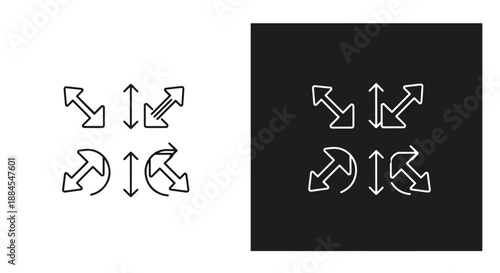 Vector icon set displaying various transformation actions like scaling, resizing, and rotation, presented in two color schemes.